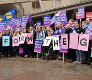 Protesters demonstrate outside the Scotish Parliament for reform of the Gender Recognition Act, in an event organised by the Scottish Trans Alliance