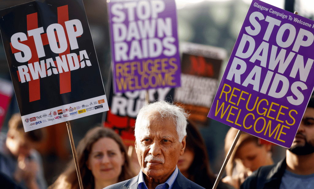 Activists demonstrate against the Rwanda deportation proposals by the UK government and current home secretary Suella Braverman