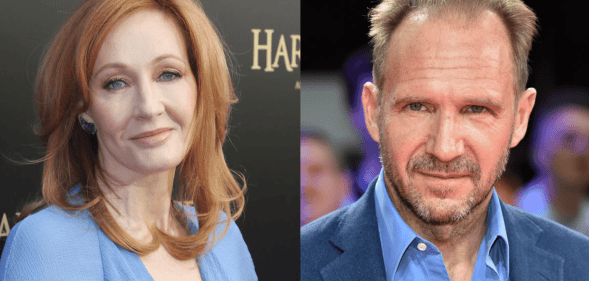 Two pictures show JK Rowling at a launch of Harry Potter and the Cursed Child and Ralph Fiennes at a film festival on the right.