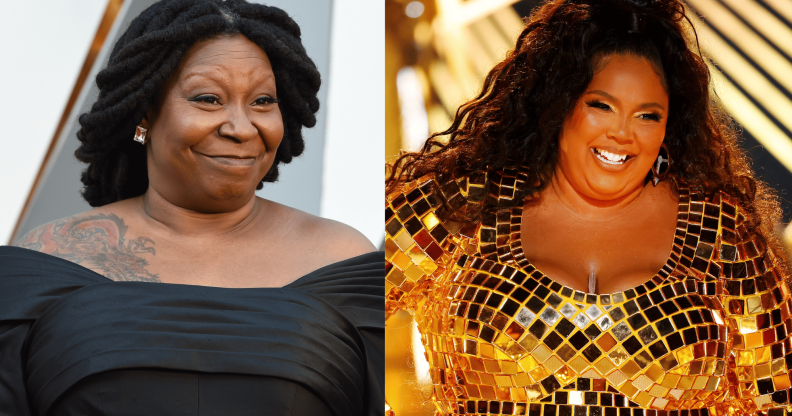 Side by side images of Whoopi Goldberg and Lizzo