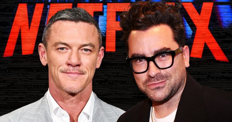 A Netflix promo of actor Luke Evans and actor-writer-director Dan Levy. (Getty)