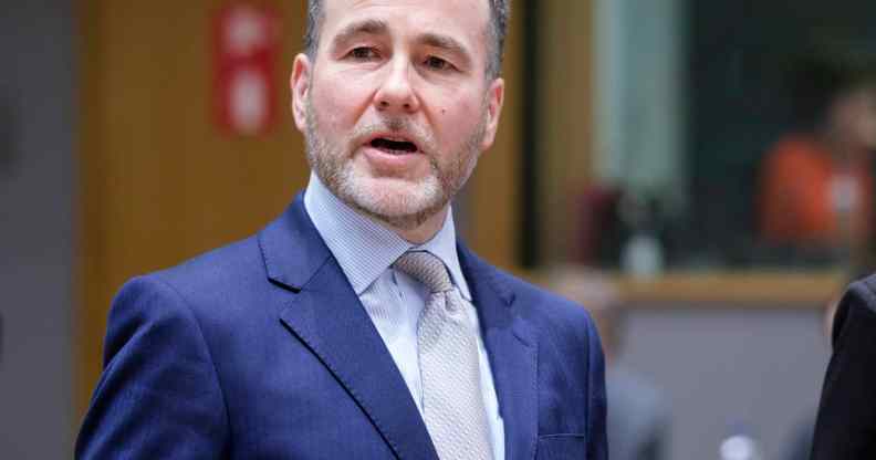 MP Christopher Pincher wearing a navy blue suit speaks at an EU General Affairs Ministers Council Meeting