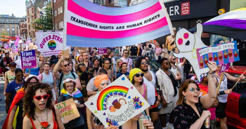 Thousands of people pass through Soho on a London Trans+ Pride march from the Wellington Arch.