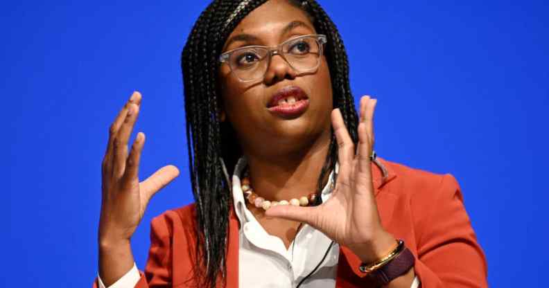 A photo of Kemi Badenoch speaking on day two of the annual Conservative Party conference on October 3, 2022.