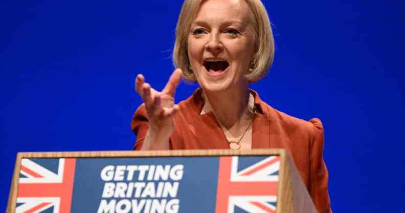 Britain's Prime Minister Liz Truss delivers her keynote address on the final day of the annual Conservative Party Conference.