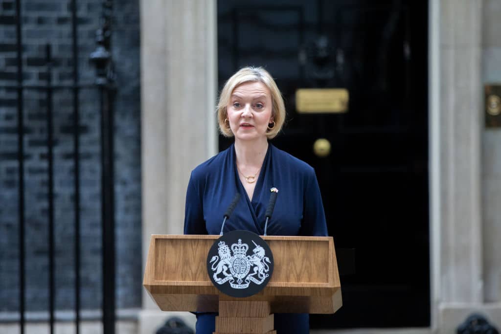 Liz Truss is seen making resignation statement outside 10 Downing Street.