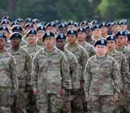 US Army soldiers participate in a Family Day ceremony while attending basic training at Fort Jackson.