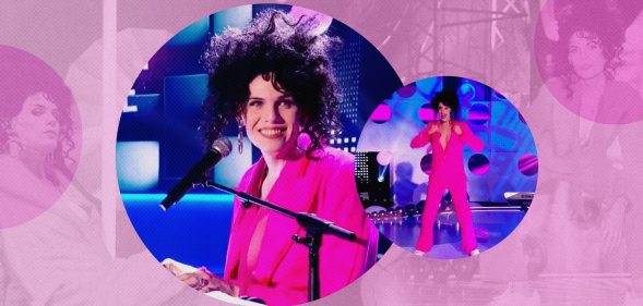 Photos of Jordan Gray in a pink suit, playing a piano, arranged in bubbles