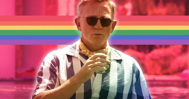 A graphic showing actor Daniel Craig as Knives Out character Benoit Blanc with rainbow pride colours superimposed in the background