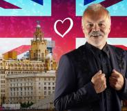 Graham Norton standing in front of a backdrop of Liverpool ahead of the Eurovision Song Contest 2023