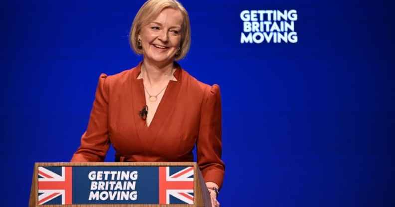 A photo of prime minister Liz Truss delivering her keynote address on the final day of the annual Conservative Party Conference in Birmingham.