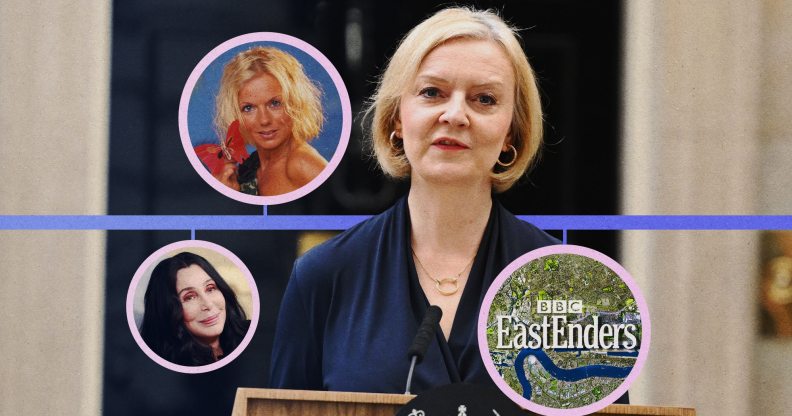 Liz Truss with: Geri Halliwell, Cher and the EastEnders title card