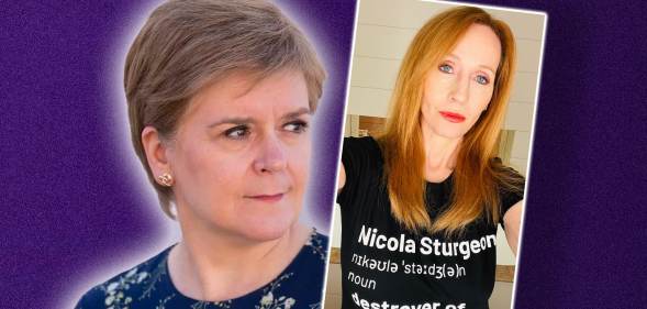 A photo of Nicola Sturgeon on a purple background alongside a photo of JK Rowling wearing a t-shirt that reads: "Nicola Sturgeon: destroyer of women's rights"