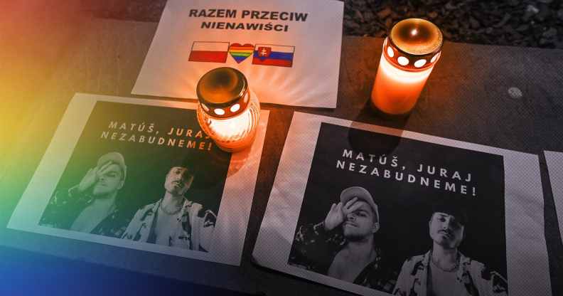 Photos are placed next to candles to honour the gay men killed by a terrorist in Slovakia