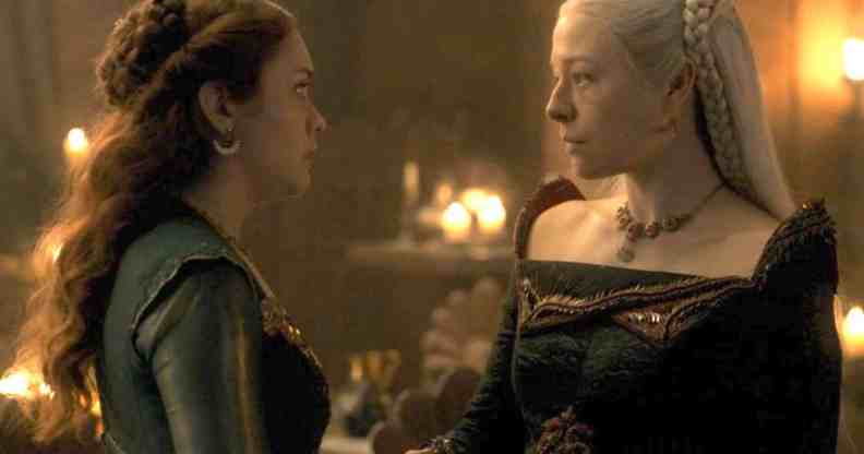 A screenshot of actors Emily Carey and Milly Alcock as characters Rhaenyra and Alicent in HBO's House of the Dragon series