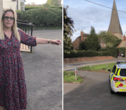 Side by side photos of Caroline Farrow with her arms in the air, and a police car