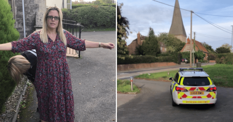 Side by side photos of Caroline Farrow with her arms in the air, and a police car