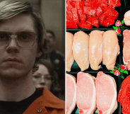 Side-by-side photos of actor Evan Peters as Jeffrey Dahmer and the butcher shop's social media meat image