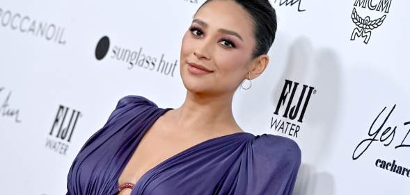 A photo of actor Shay Mitchell wearing a purple dress at a media event