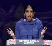 Suella Braverman speaking at a Tory lectern