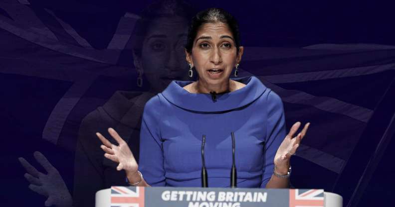 Suella Braverman speaking at a Tory lectern