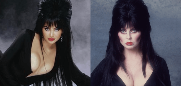 Kylie Jenner and Elvira, both in plunging black dresses