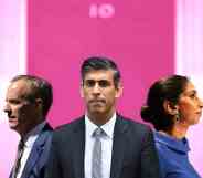 Rishi Sunak pictured against a pink edited background showing 10 Downing Street with Suella Braverman to his right and Dominic Raab to his left.