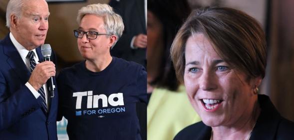 Split-screen photos of governor candidates Tina kopek with Joe Biden, and Maura Healey