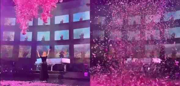 A split-screenshot from Twitter shows singer Adele wearing a black dress disappearing under a cloud of pink confetti.