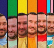 A screenshot of Great British Bake Off contestant Janusz's Twitter post showing him split up into coloured strips that go to make up the Progress Pride flag. (Janusz/Twitter/Channel 4)