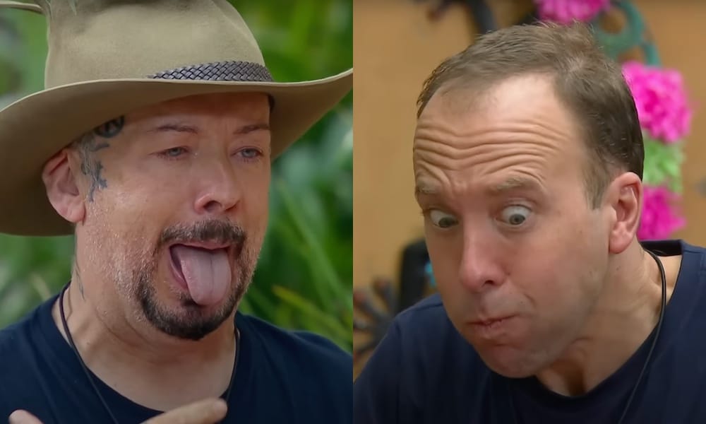 Side-by-side screenshots of Boy George and Matt Hancock making disgusted faces