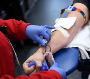 A picture of an individual's arm as they are donating blood, with a professional in blue latex gloves presiding over the operation.