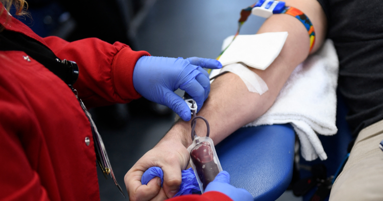 A picture of an individual's arm as they are donating blood, with a professional in blue latex gloves presiding over the operation.