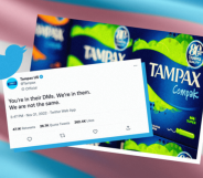 A graphic combining a tweet from Tampax, a box of Tampax brand tampons, a trans flag and the Twitter blue bird logo