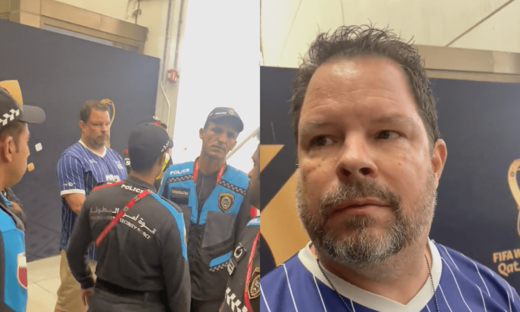 A split-screen image taken from Twitter showing World Cup officials and USA fan Brian Davis