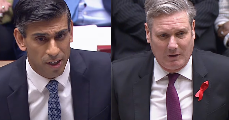 A side by side image of Rishi Sunak not wearing a World AIDs Day ribbon on the lapel of his jacket while, in the other image, Keir Starmer is wearing the symbol