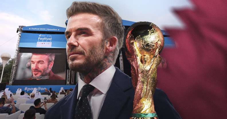 Collage of David Beckham, the World Cup trophy and screens showing his speech to crowds