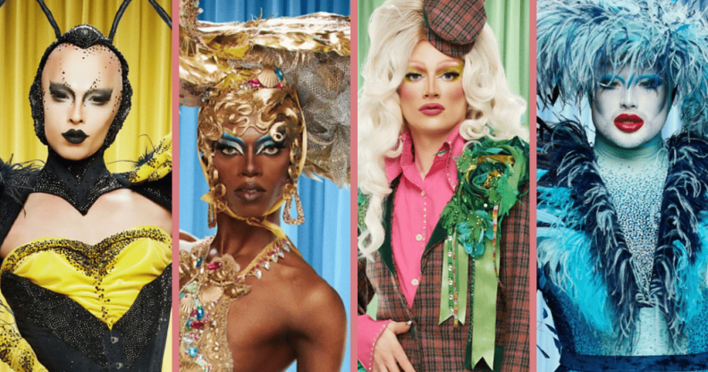 Drag Race UK finalists Cheddar Gorgeous, Black Peppa, Jonbers Blonde and Danny Beard in their promo photos.