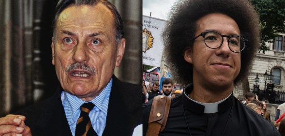 side-by-side photos of Enoch Powell at the 1980 Conservative Party Conference and GBNews presenter Calvin Robinson at an anti-abortion march