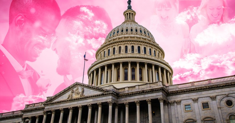 The congress building with a pink sky