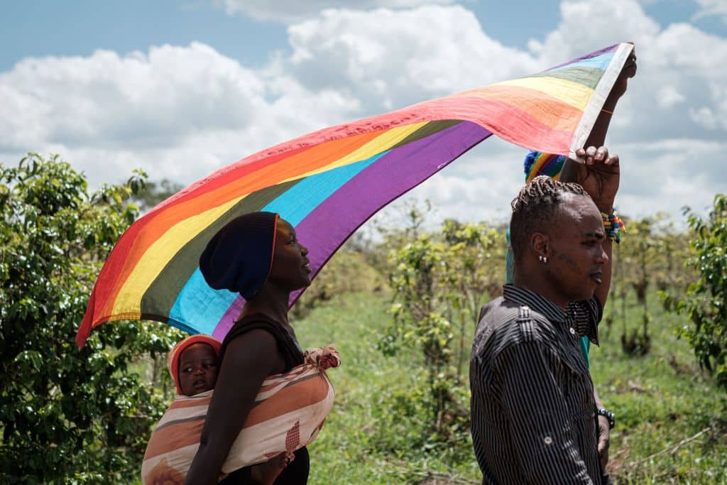 LGBT refugees from South Sudan, Uganda and DR Congo walk on the way to their protest to demand their protection at the office of the United Nations High Commissioner for Refugees (UNHCR) in Nairobi, Kenya.