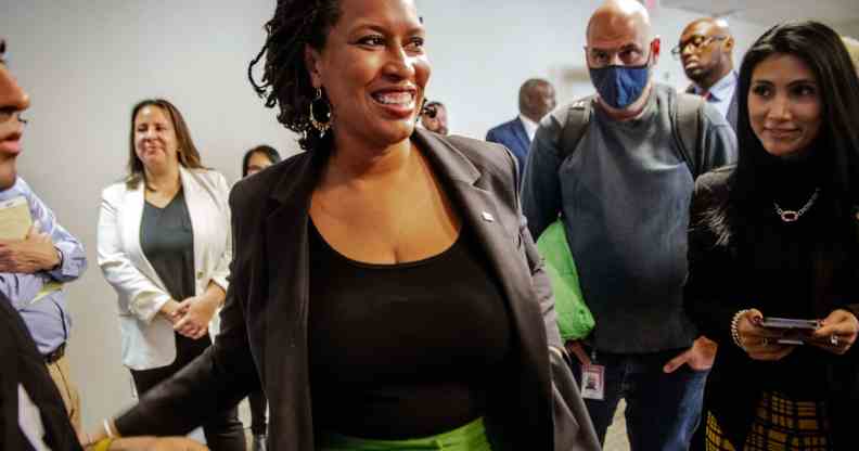 Washington DC Mayor Muriel Bowser smiles after holding a press conference.