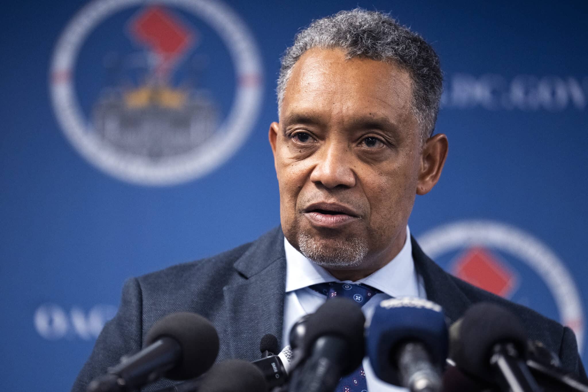 D.C. Attorney General Karl A. Racine conducts a news conference. 