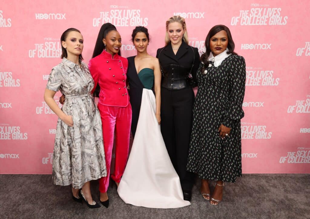 (L-R) Pauline Chalamet, Alyah Chanelle Scott, Amrit Kaur, Reneé Rapp, and Mindy Kaling. (Emma McIntyre/Getty Images)