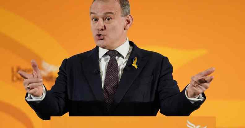 Ed Davey, leader of the Liberal Democrats, speaking at the party's 2022 conference on stage.