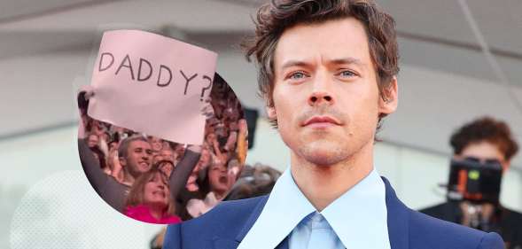 Harry Styles in a suit with a giant shirt collar, and a fan holding up a 'Daddy?' sign