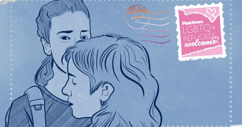 An illustration of two women on a postcard-like design in blue. In the right hand corner is a stamp with the words "PinkNews LGBTQ Refugees Welcome.