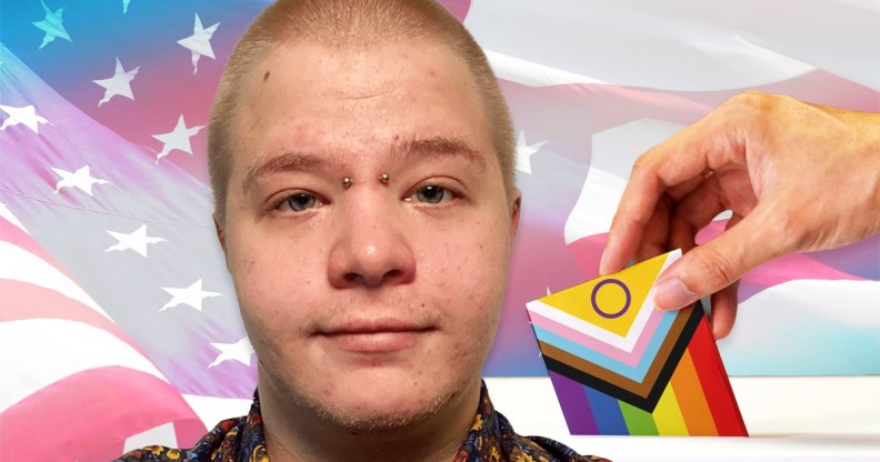 A graphic composed of trans politician James Roesener, a hand holding a progressive Pride LGBTQ+ flag and a US flag waving in the background