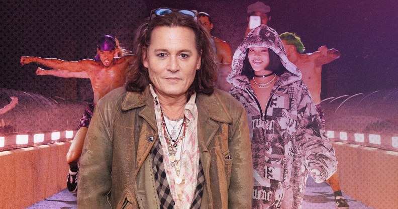 A composite graphic shows Johnny Depp wearing a light brown leather jacket superimposed in front of a screenshot of one of Rihanna's music videos