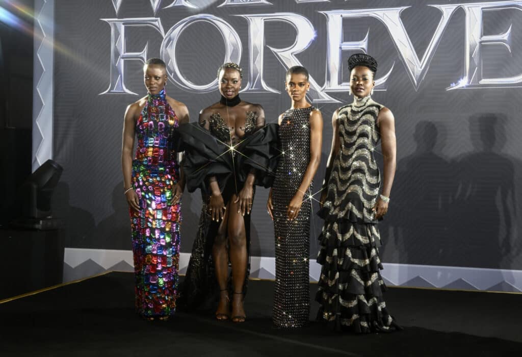 Letitia Wright (Centre Right) attends Black Panther: Wakanda Forever premiere with co-stars. (Getty)